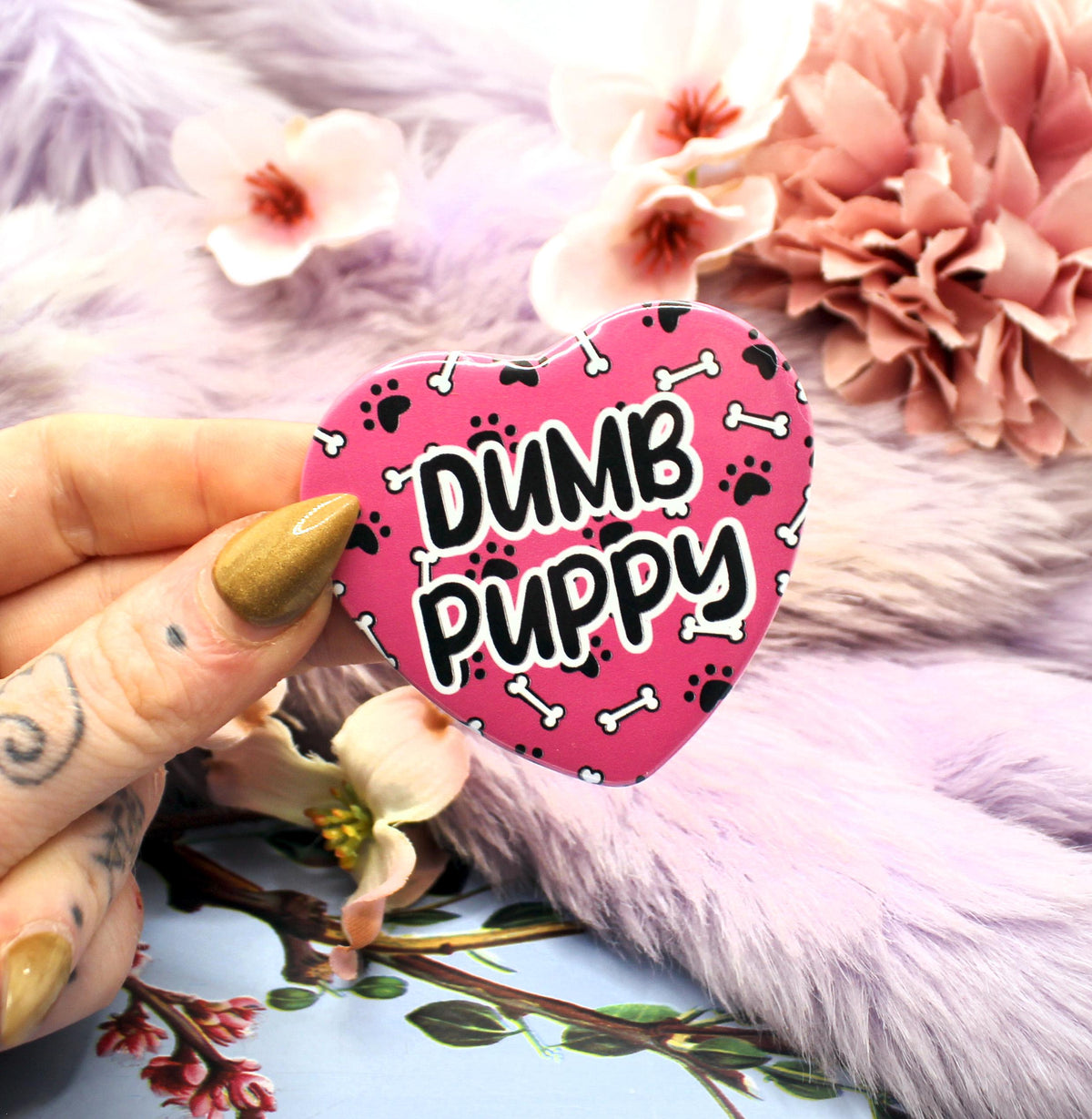 Dumb Puppy Rainbow Heart Badges (55mm)