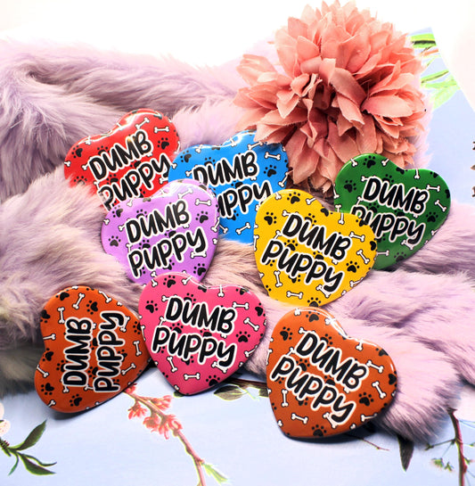 Dumb Puppy Rainbow Heart Badges (55mm)