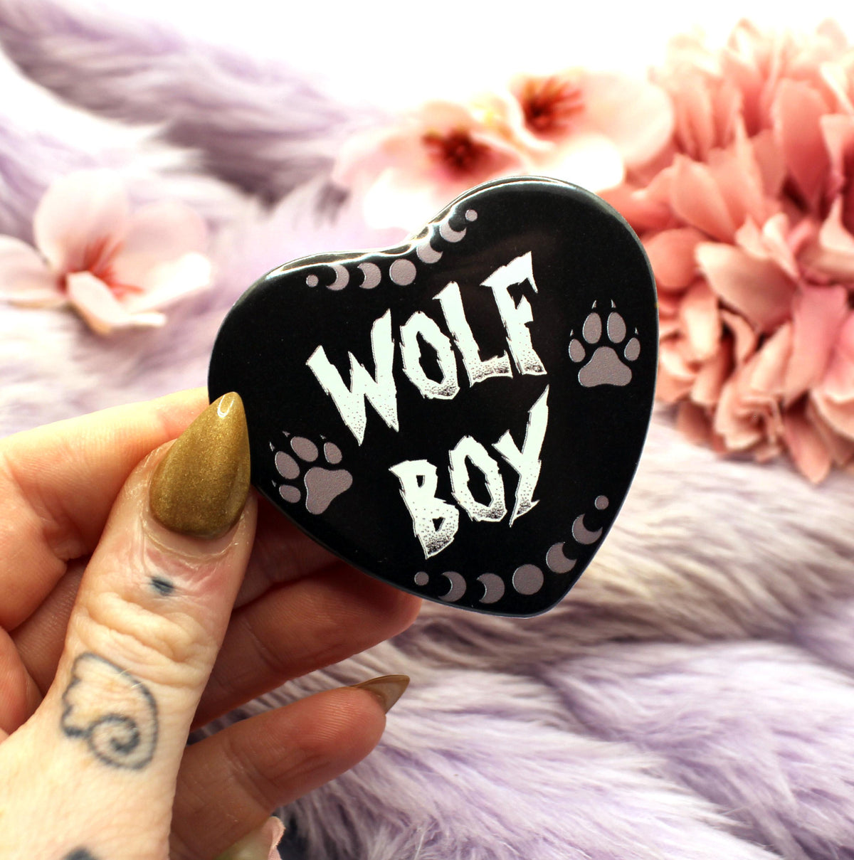 Wolf Boy and Wolf Girl Heart Badge (55mm)