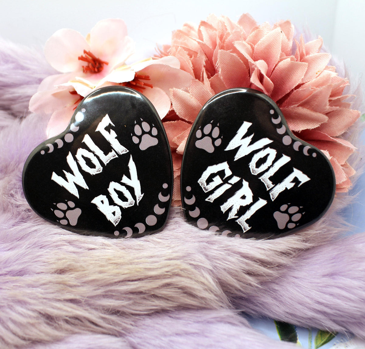 Wolf Boy and Wolf Girl Heart Badge (55mm)
