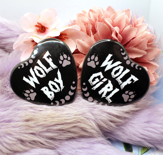 Wolf Boy and Wolf Girl Heart Badge (55mm)