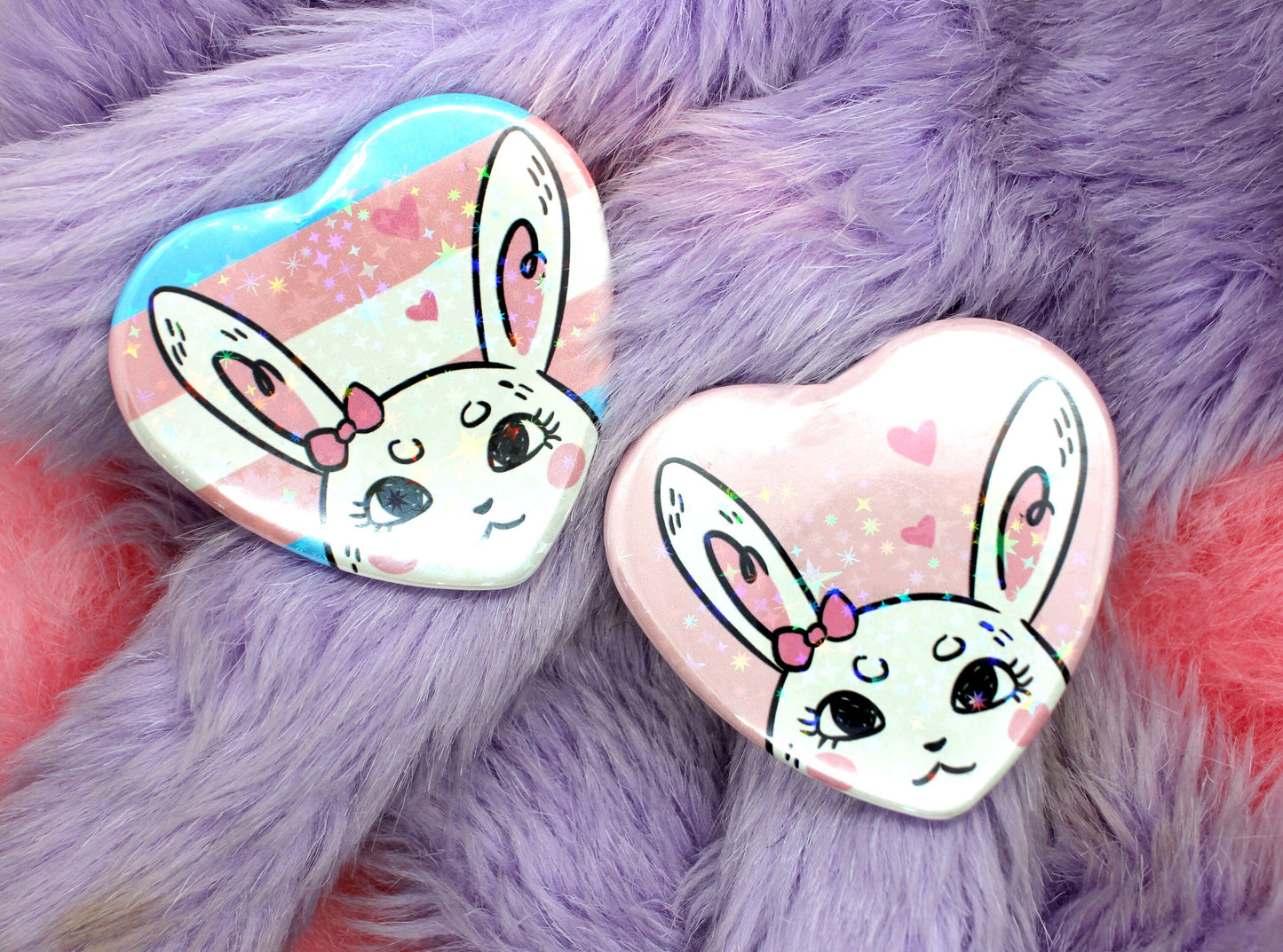 Bunny & Trans Print Holographic Heart Badges (55mm)
