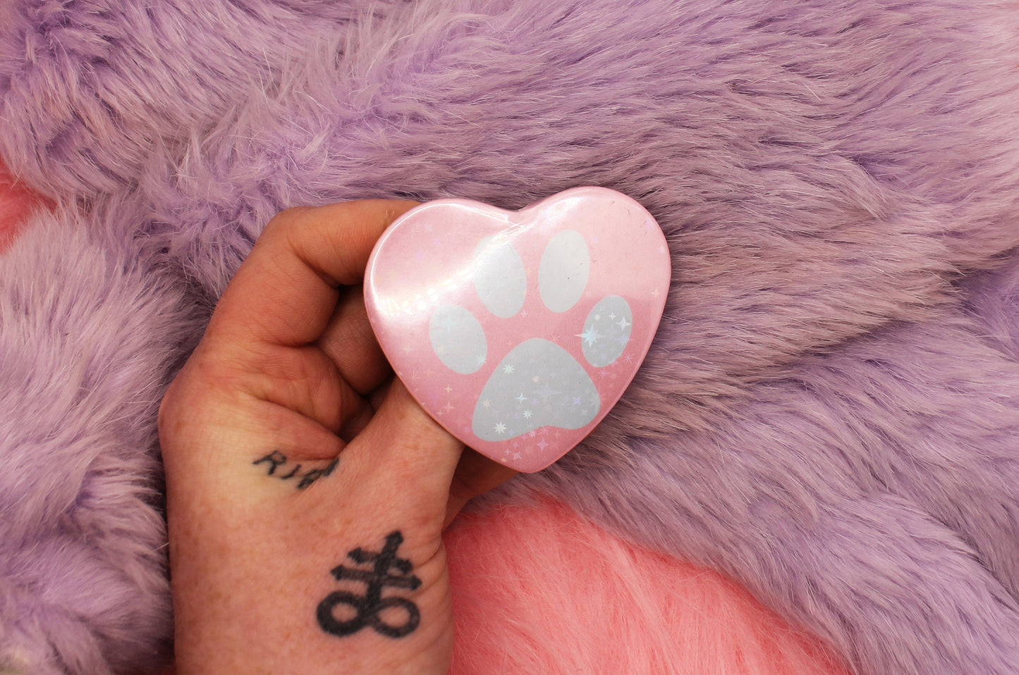 Pastel Paw Holographic Heart Badge (55mm) - Blue and Pink Paw Print