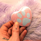 Pastel Paw Holographic Heart Badge (55mm) - Blue and Pink Paw Print