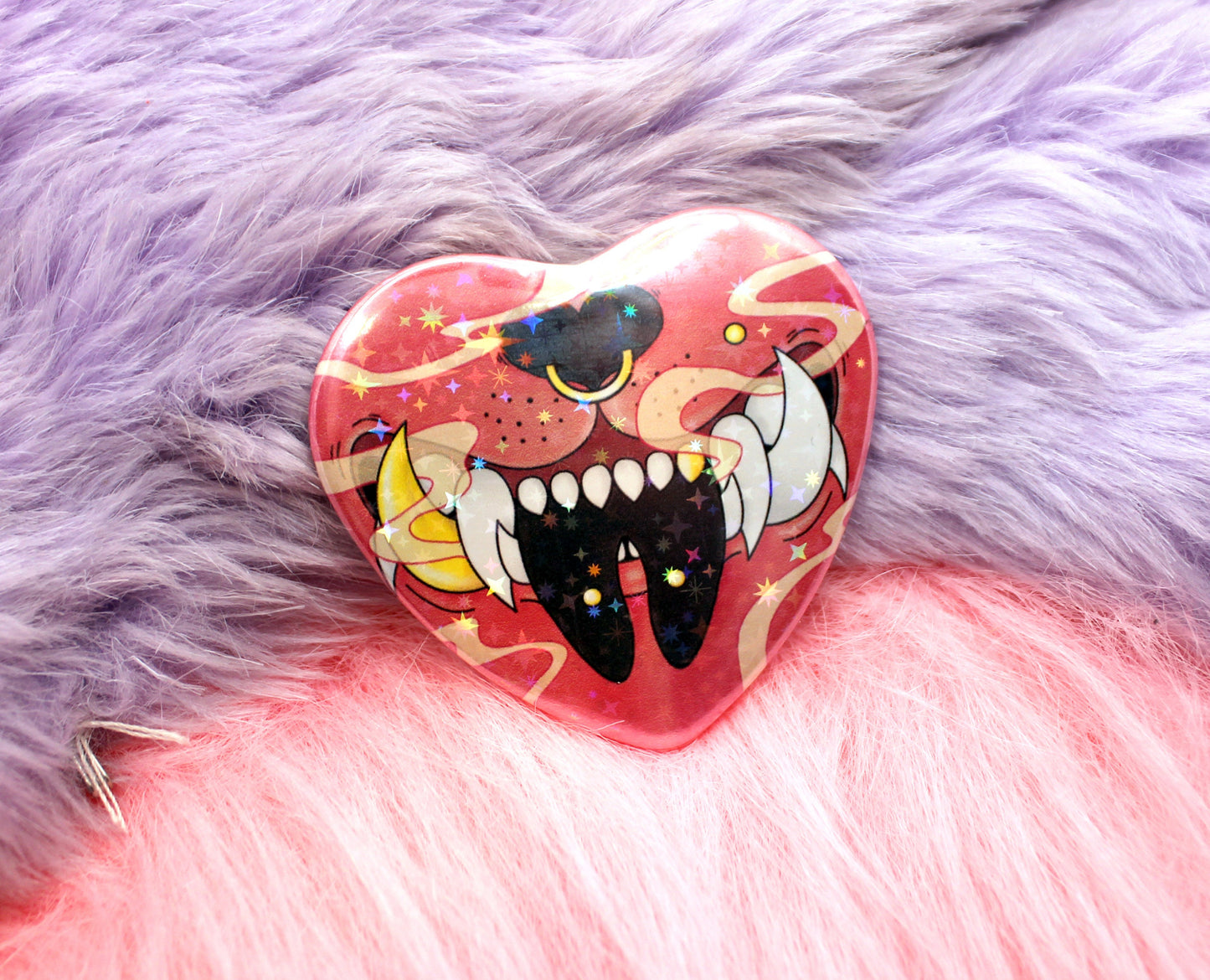 Oni Demon Dog Heart Badges (55mm) - Holographic finish Blue Pink Red Black