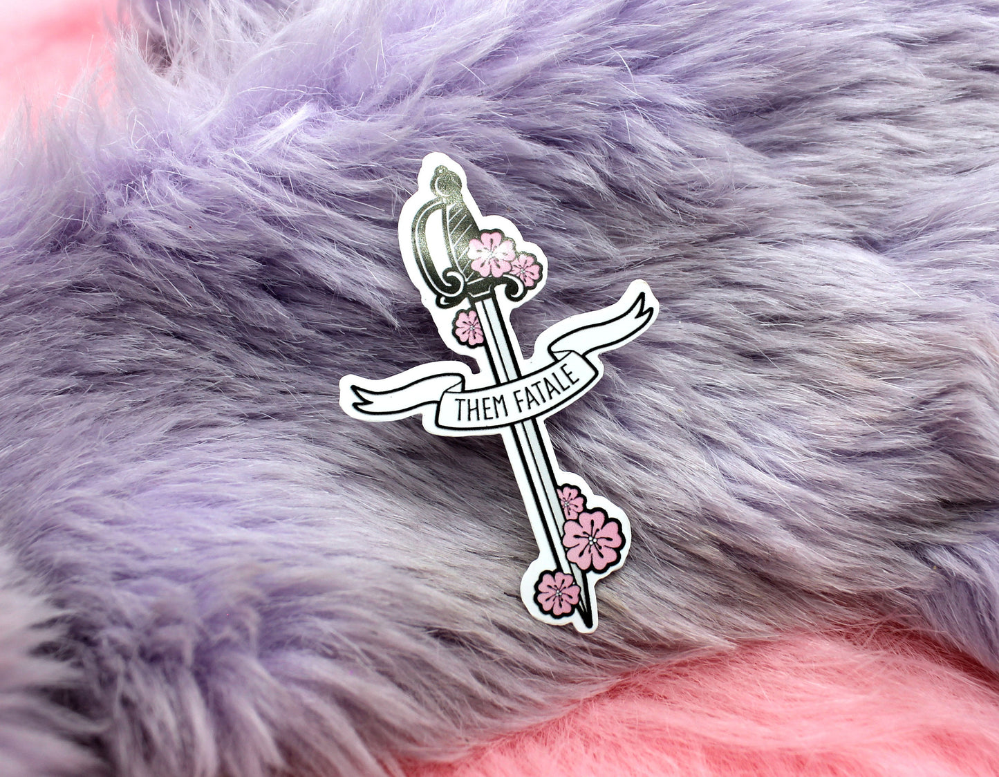 Them Fatale Sword Sticker (6cm) - Non-Binary Sword Sakura Cherry Blosssom Flowers LGBTQ