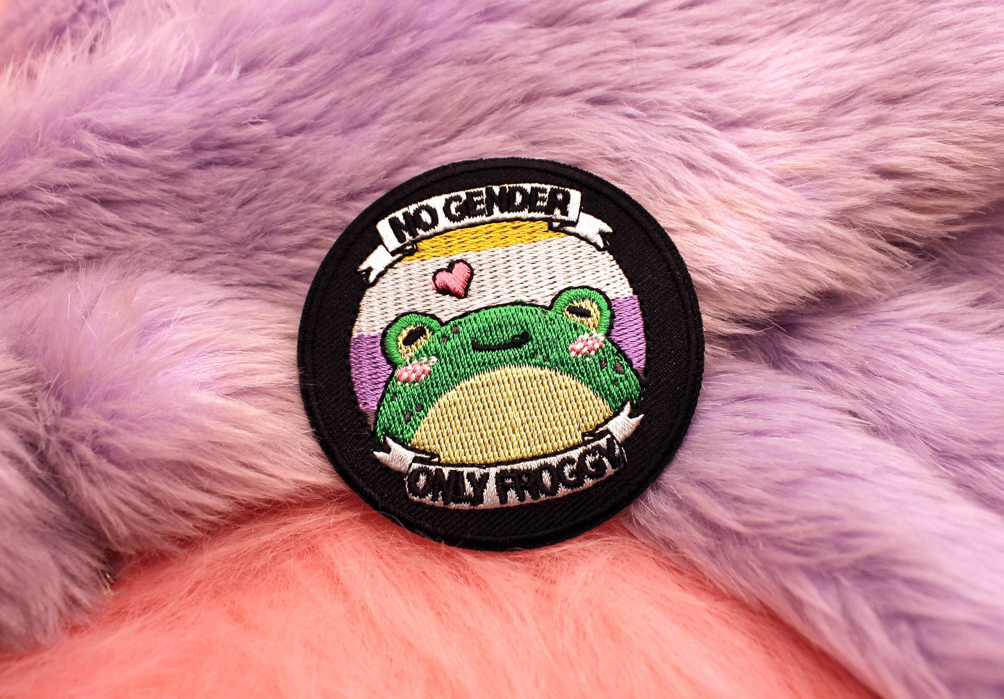 No Gender Only Froggy Iron-On Patch (60mm) - non-binary pride frog embroidered patch
