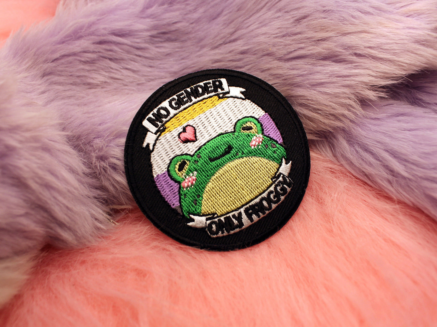 No Gender Only Froggy Iron-On Patch (60mm) - non-binary pride frog embroidered patch