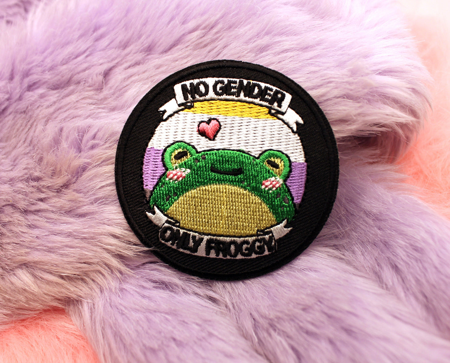 No Gender Only Froggy Iron-On Patch (60mm) - non-binary pride frog embroidered patch