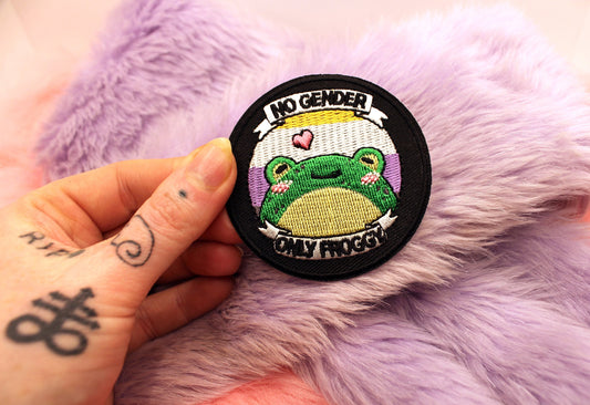 No Gender Only Froggy Iron-On Patch (60mm) - non-binary pride frog embroidered patch