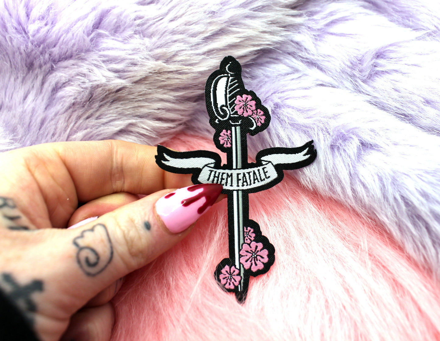 Them Fatale Iron-On Patch (60mm) - non-binary sword flowers embroidered patch