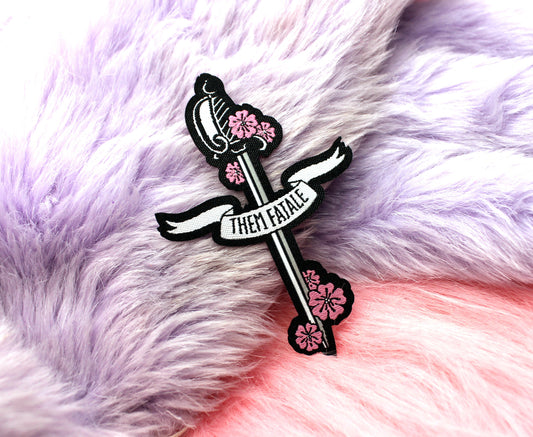 Them Fatale Iron-On Patch (60mm) - non-binary sword flowers embroidered patch