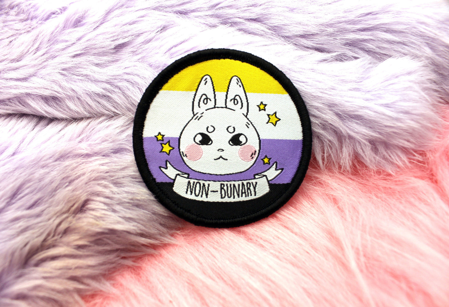 Non-Bunary Iron-On Patch (60mm) - non-binary bunny rabbit embroidered patch