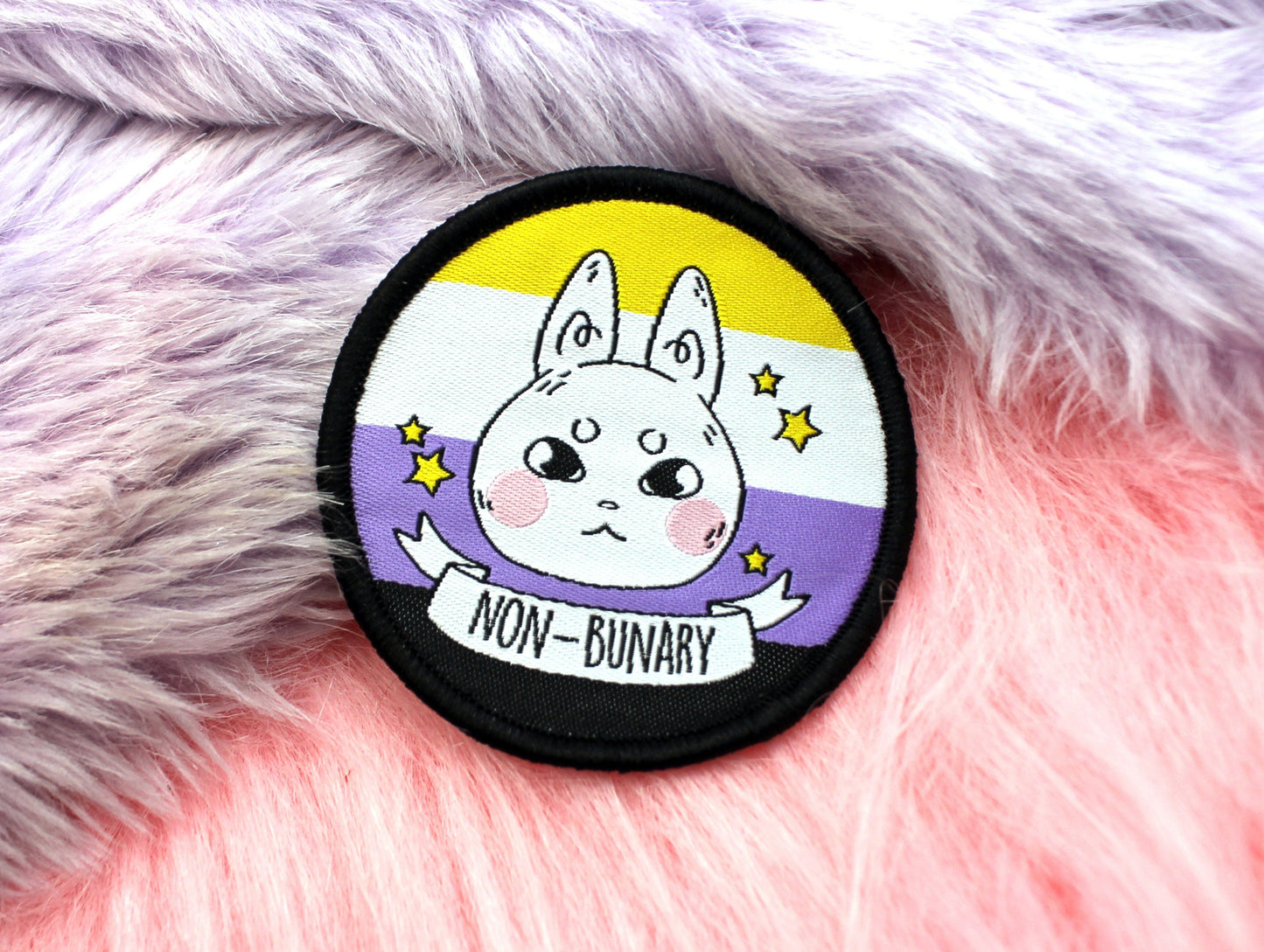 Non-Bunary Iron-On Patch (60mm) - non-binary bunny rabbit embroidered patch