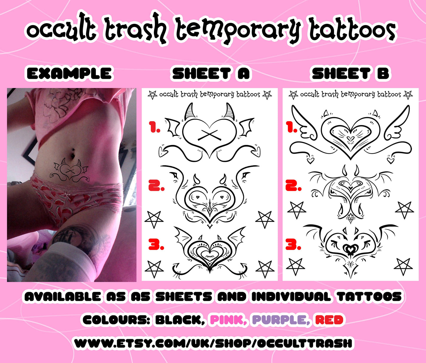 Succubi/boi Sigil Temporary Tattoos Sheet B (Black, Pink, Purple & Red Available)