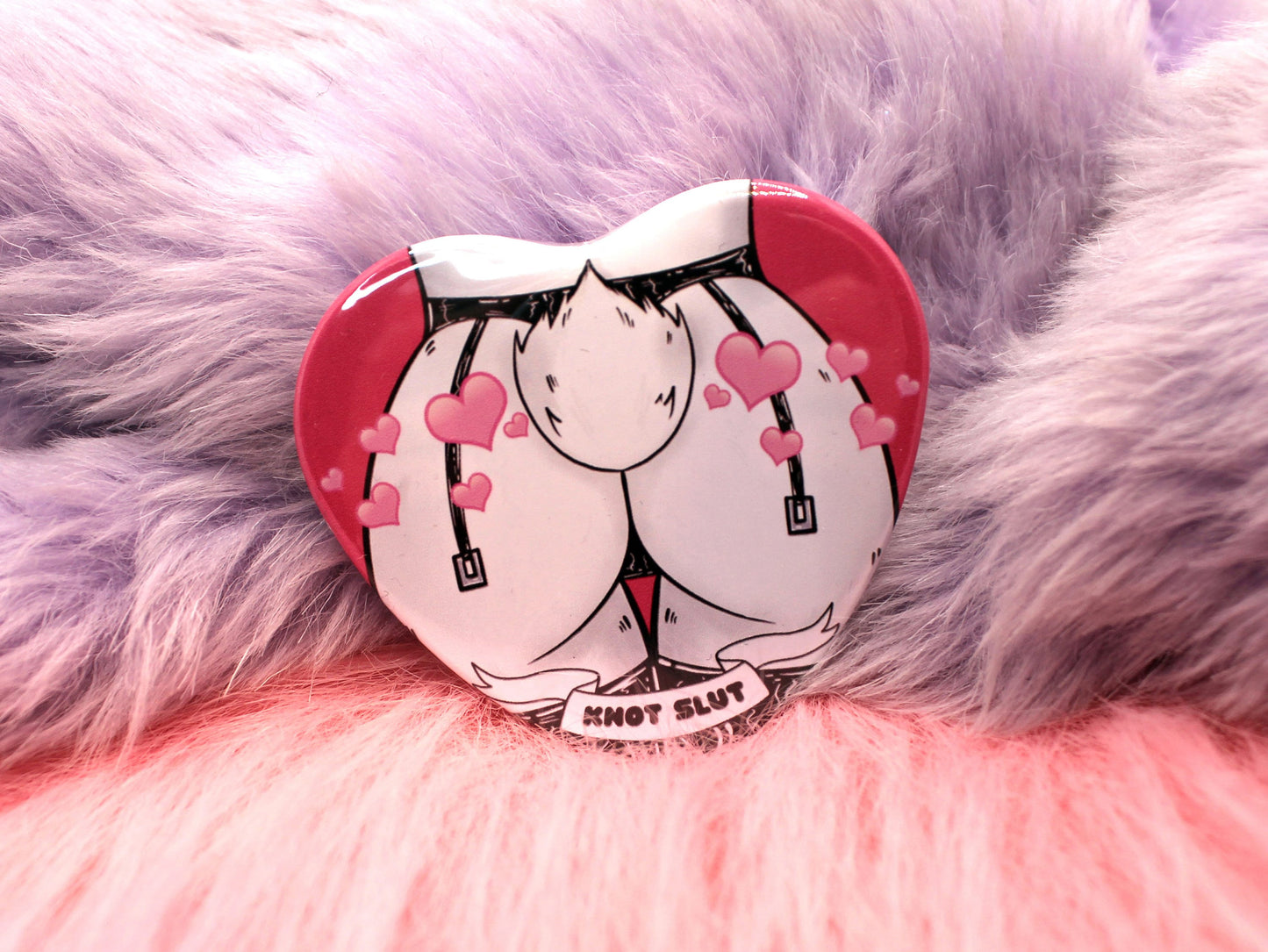 Knot Slut Furry Heart Badge (55mm) - Bunny Butt with Hearts