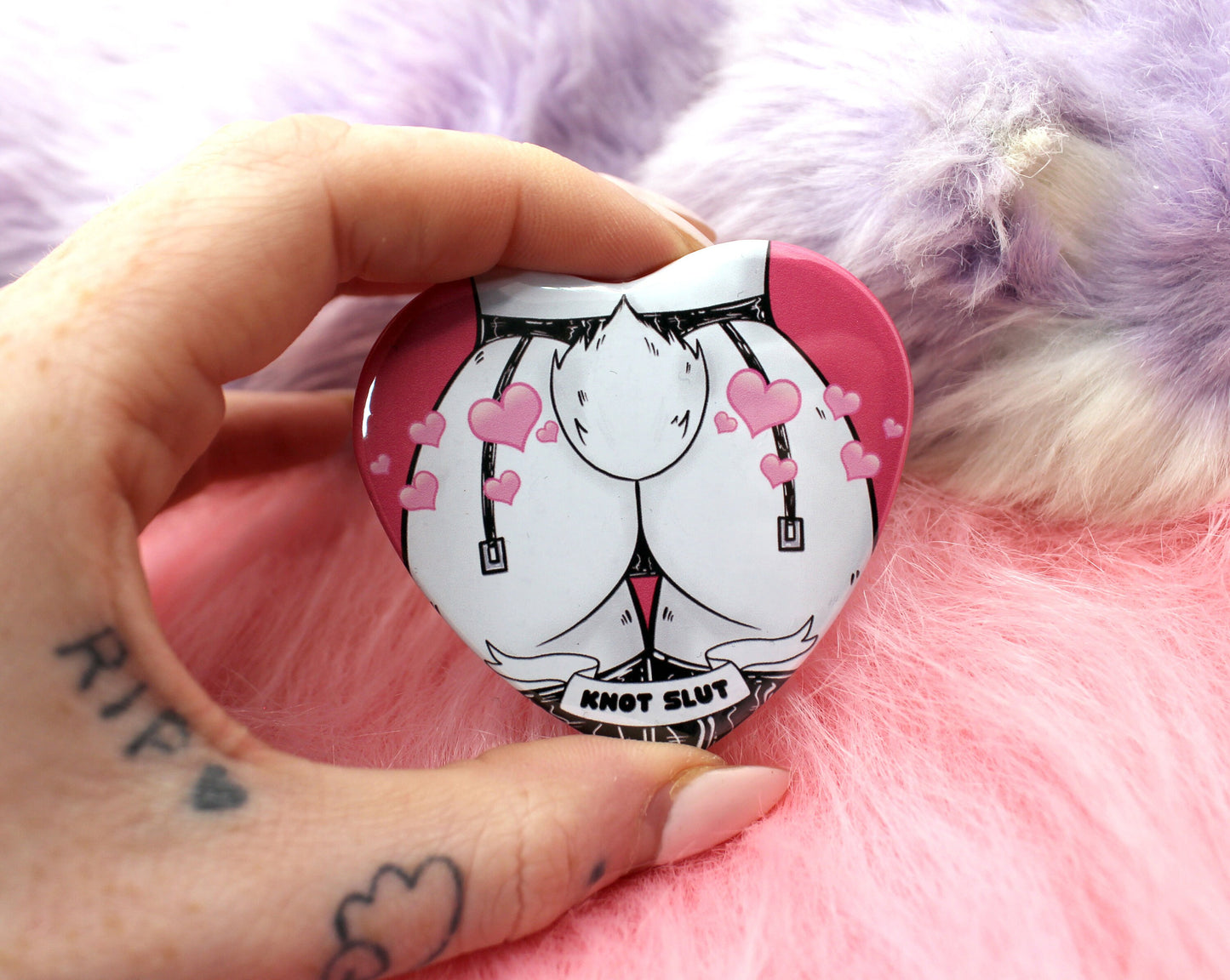 Knot Slut Furry Heart Badge (55mm) - Bunny Butt with Hearts