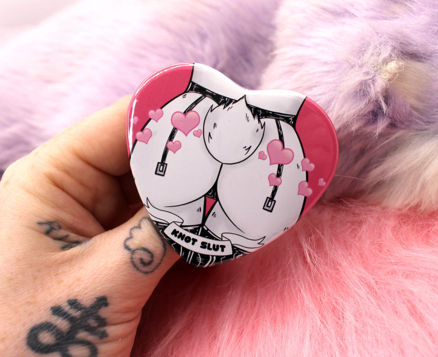 Knot Slut Furry Heart Badge (55mm) - Bunny Butt with Hearts